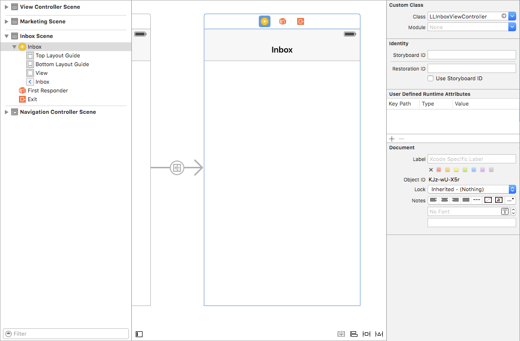 screenshot of LLInboxViewController in a storyboard